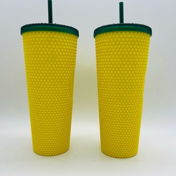 STARBUCKS SET OF 2 YELLOW & GREEN DRINK HOLDER WITH STRAW AND LID 20 OZ - Picture 5 of 14